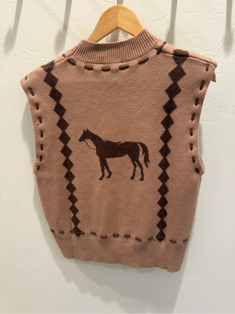 THML Pink Brown Horse Intarsia V-Neck Sweater Vest - Picture 2 of 3